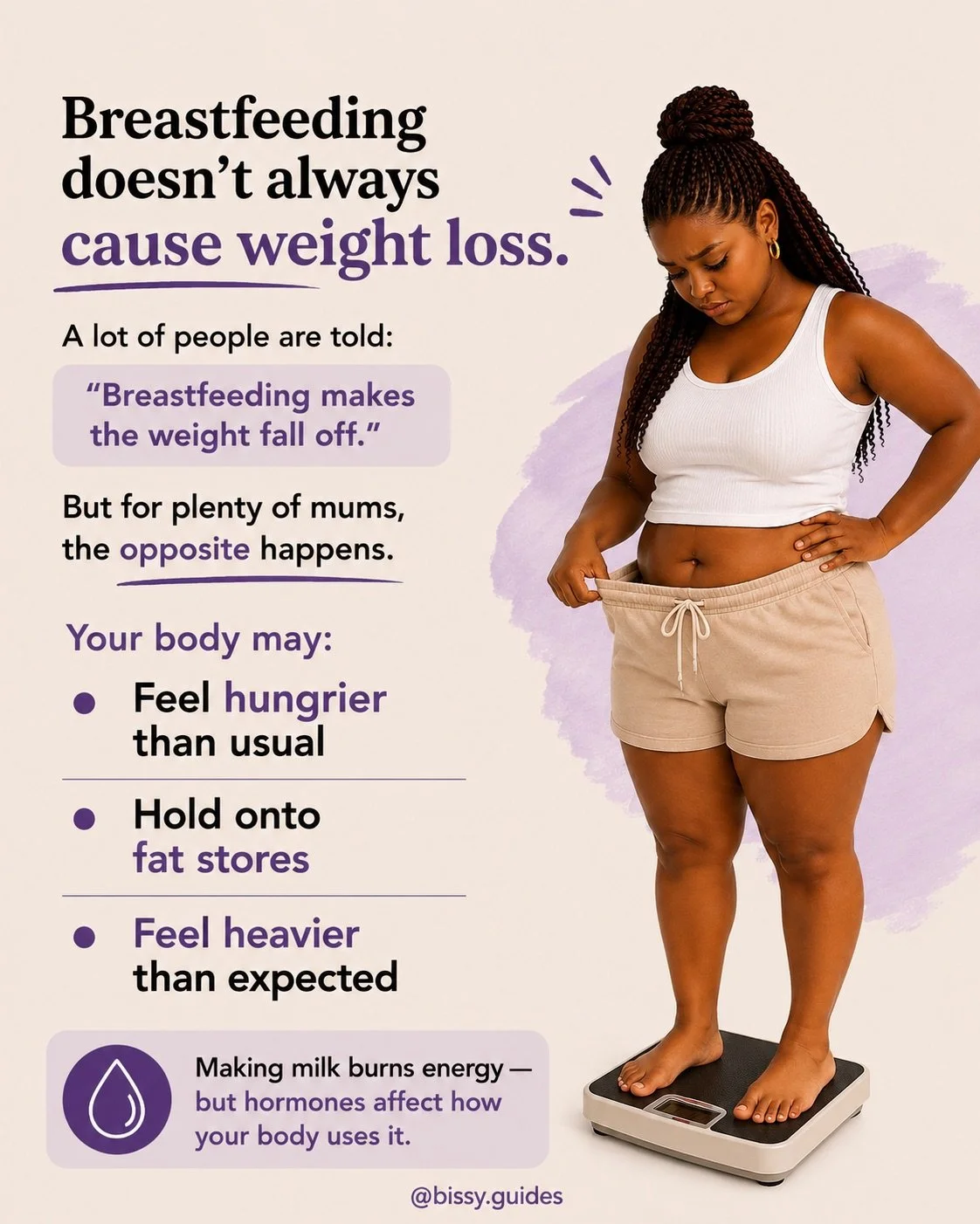 illustration of a mother standing on scales beside text explaining why breastfeeding does not always lead to weight loss.