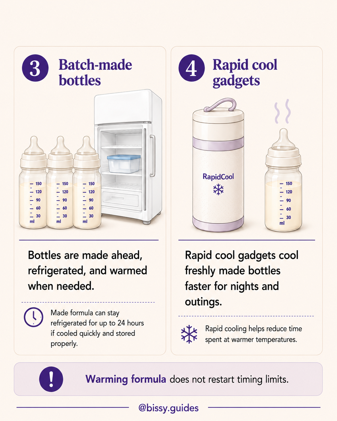 Illustrated guide showing batch-made refrigerated bottles and rapid cool bottle gadgets.