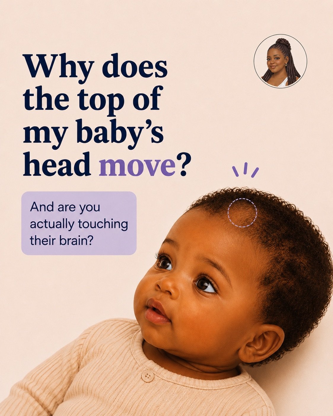 Baby soft spot guide cover explaining why the top of a baby's head moves.