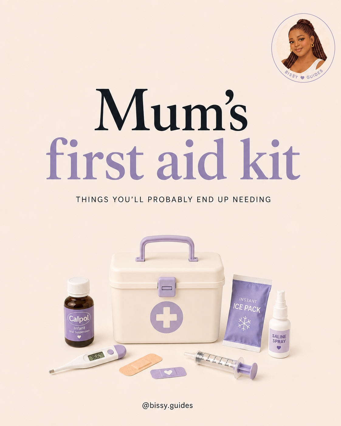 Cream and lilac illustrated first aid kit cover featuring infant medicine, thermometer, saline spray, ice pack and plasters in a minimalist parenting guide style.