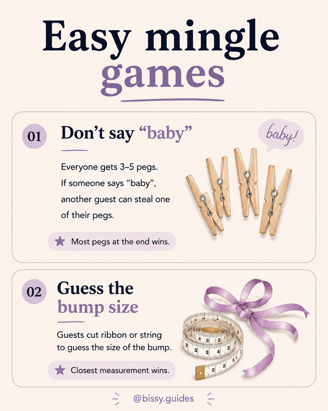 Baby shower games infographic showing peg stealing game and guessing bump size game with soft lilac illustrations.