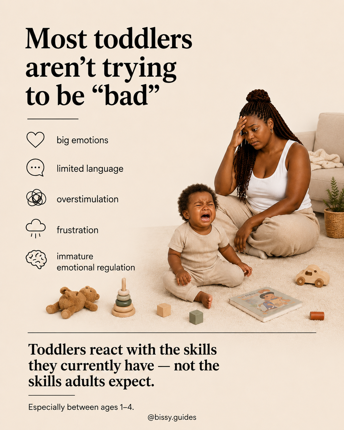 Toddler crying while parent sits nearby calmly beside educational text explaining emotional regulation and overstimulation.