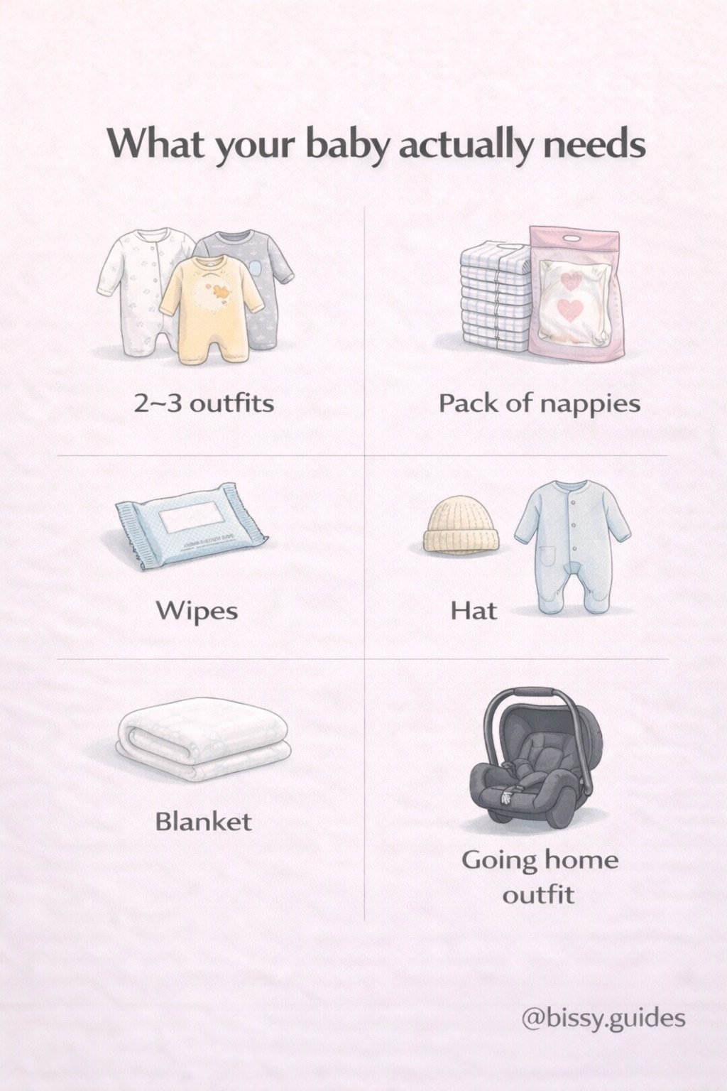 Newborn hospital essentials including nappies, wipes, baby hat, blanket and simple going-home outfit