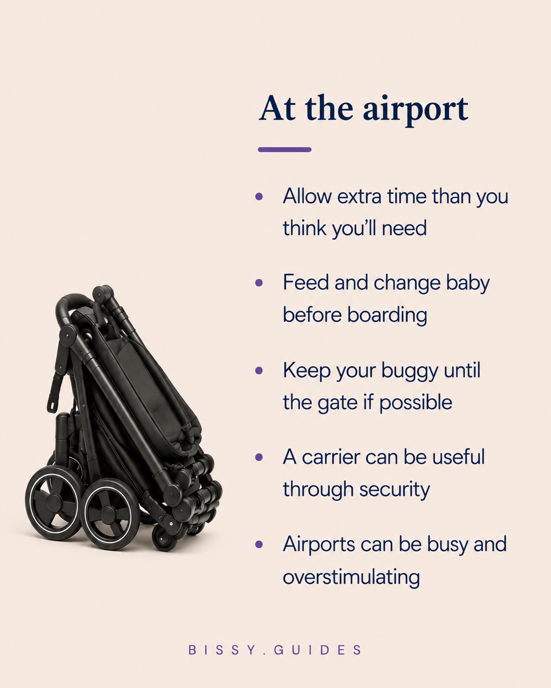 Folded travel buggy beside information about navigating the airport with a baby.
