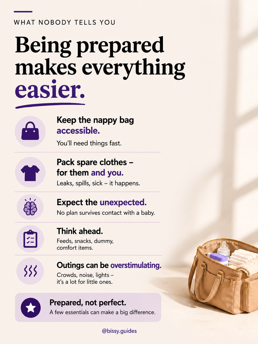 Minimal parenting infographic showing practical preparation tips for leaving the house with a baby, alongside a small nappy bag visual and text about planning ahead and expecting the unexpected.