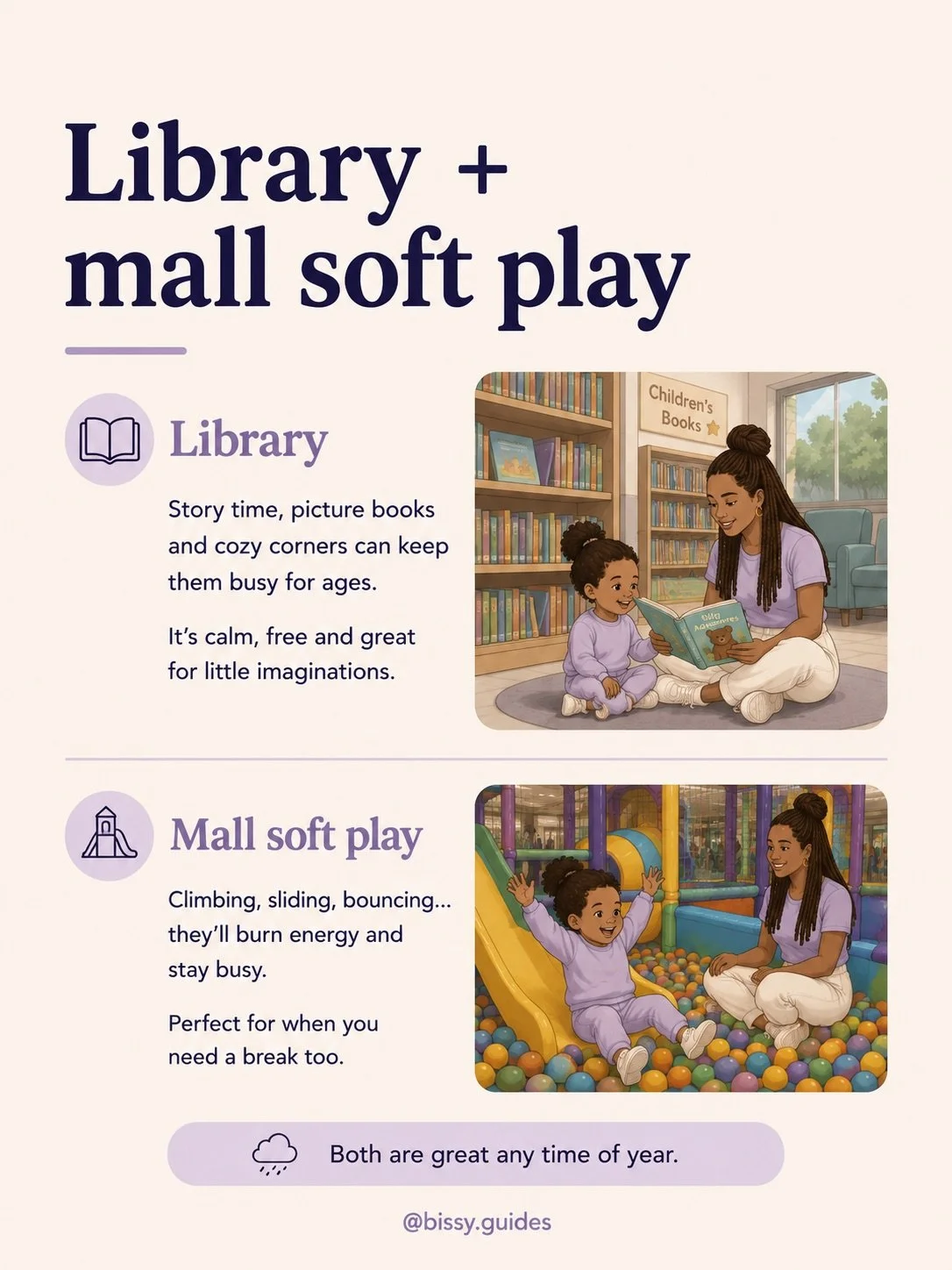 Illustrated split slide showing AI-me reading with a toddler in a children’s library and sitting beside a toddler in a mall soft play area.