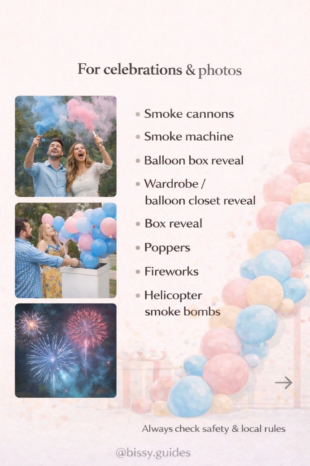 Educational slide showing larger gender reveal ideas including smoke cannons, balloon box reveals, fireworks, and poppers with pastel photography and cream background