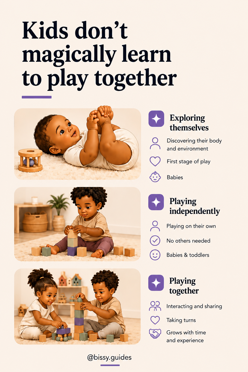 Illustrated parenting guide cover explaining how children learn social play over time.