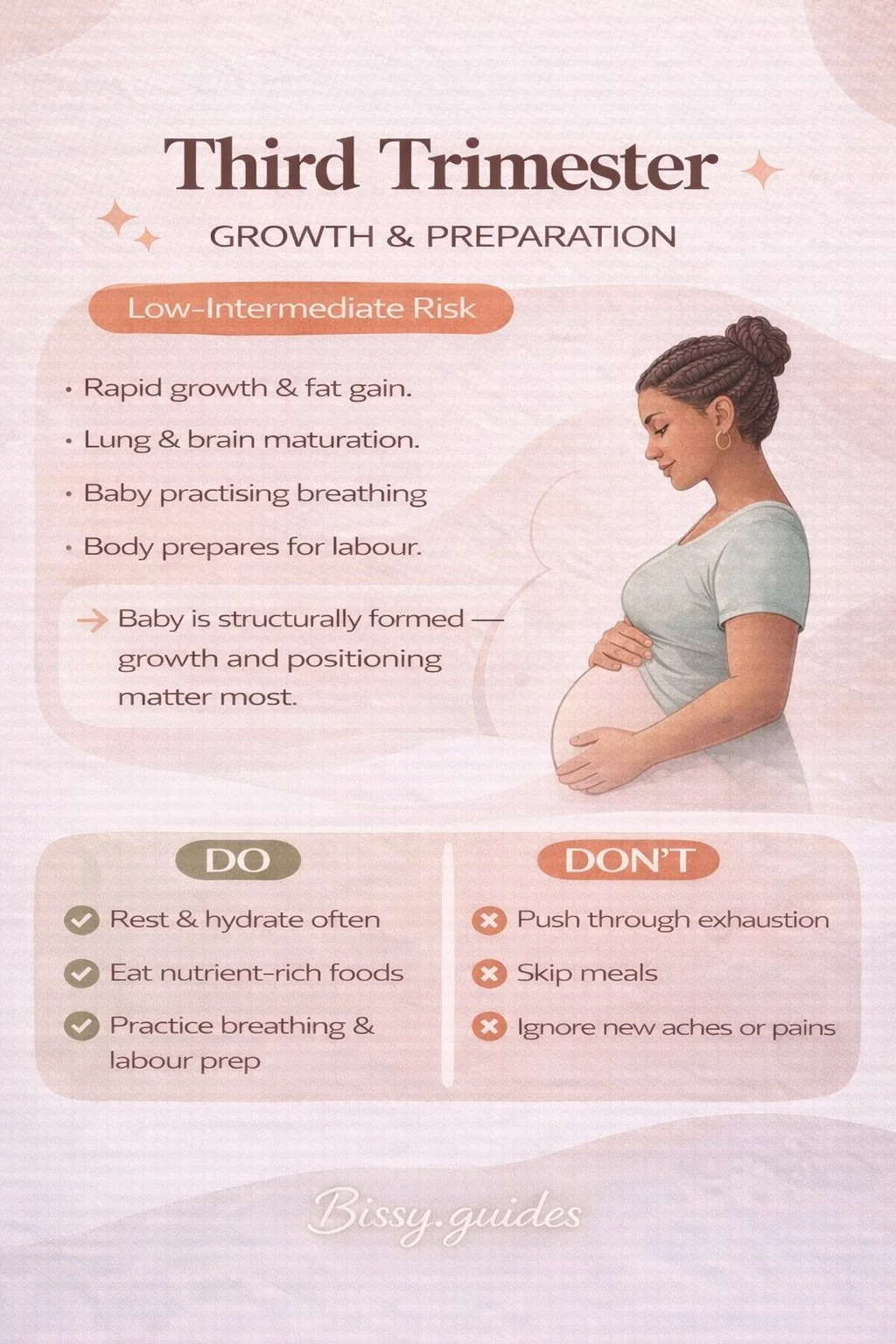 Third-trimester pregnancy guide covering rapid growth, brain and lung maturation, birth preparation, rest and hydration.