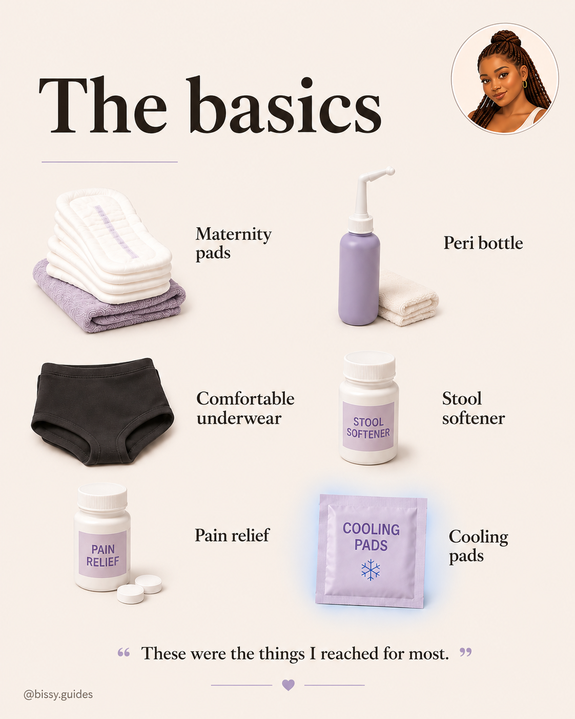Postpartum essentials guide showing maternity pads, peri bottle, stool softener, cooling pads, pain relief, and comfortable underwear in a clean editorial layout.
