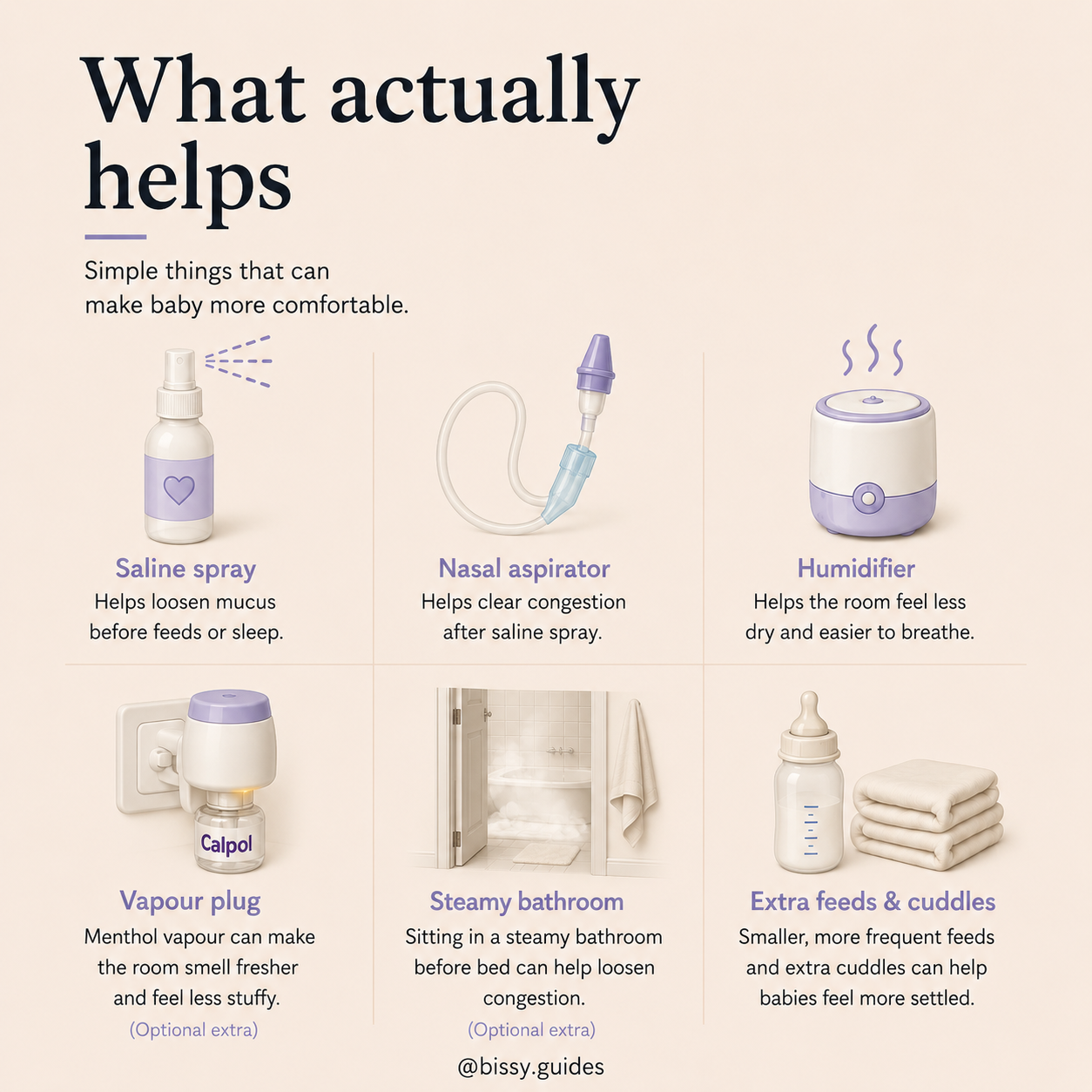 Minimal cream-toned Bissy Guides slide showing saline spray, nasal aspirator, humidifier, vapour plug, steamy bathroom, and extra feeds that can help during a baby cold.
