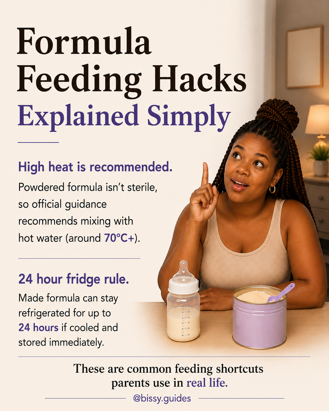 Illustrated formula feeding guide cover showing tired mother beside formula bottle and storage timing guidance.