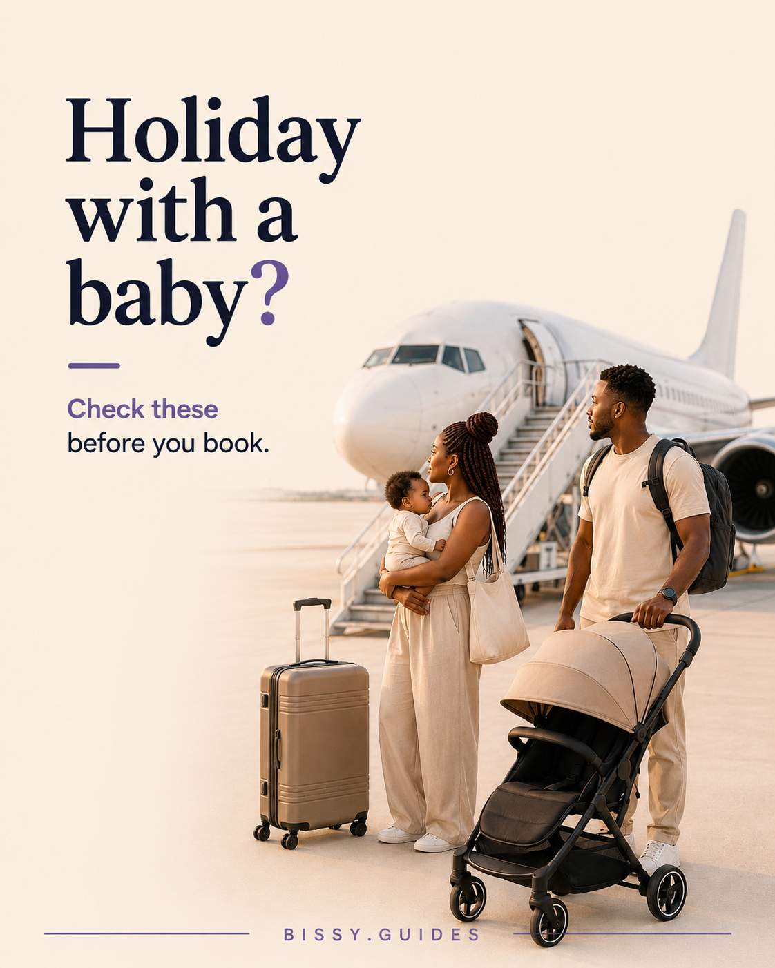 Family preparing to board a plane with a baby, buggy and suitcase.