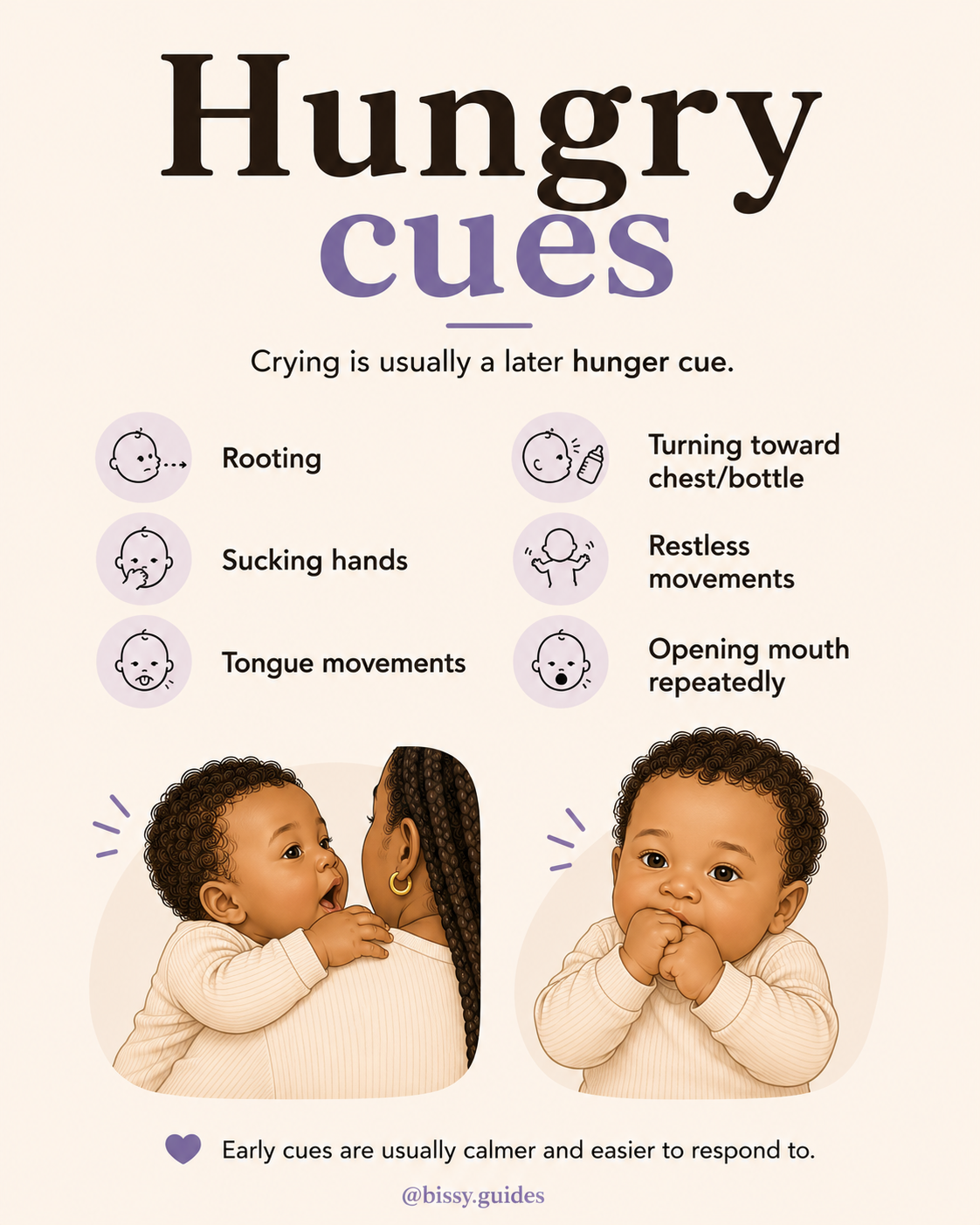 Minimal parenting guide slide explaining common hunger cues in babies including rooting, sucking hands and turning toward feeds