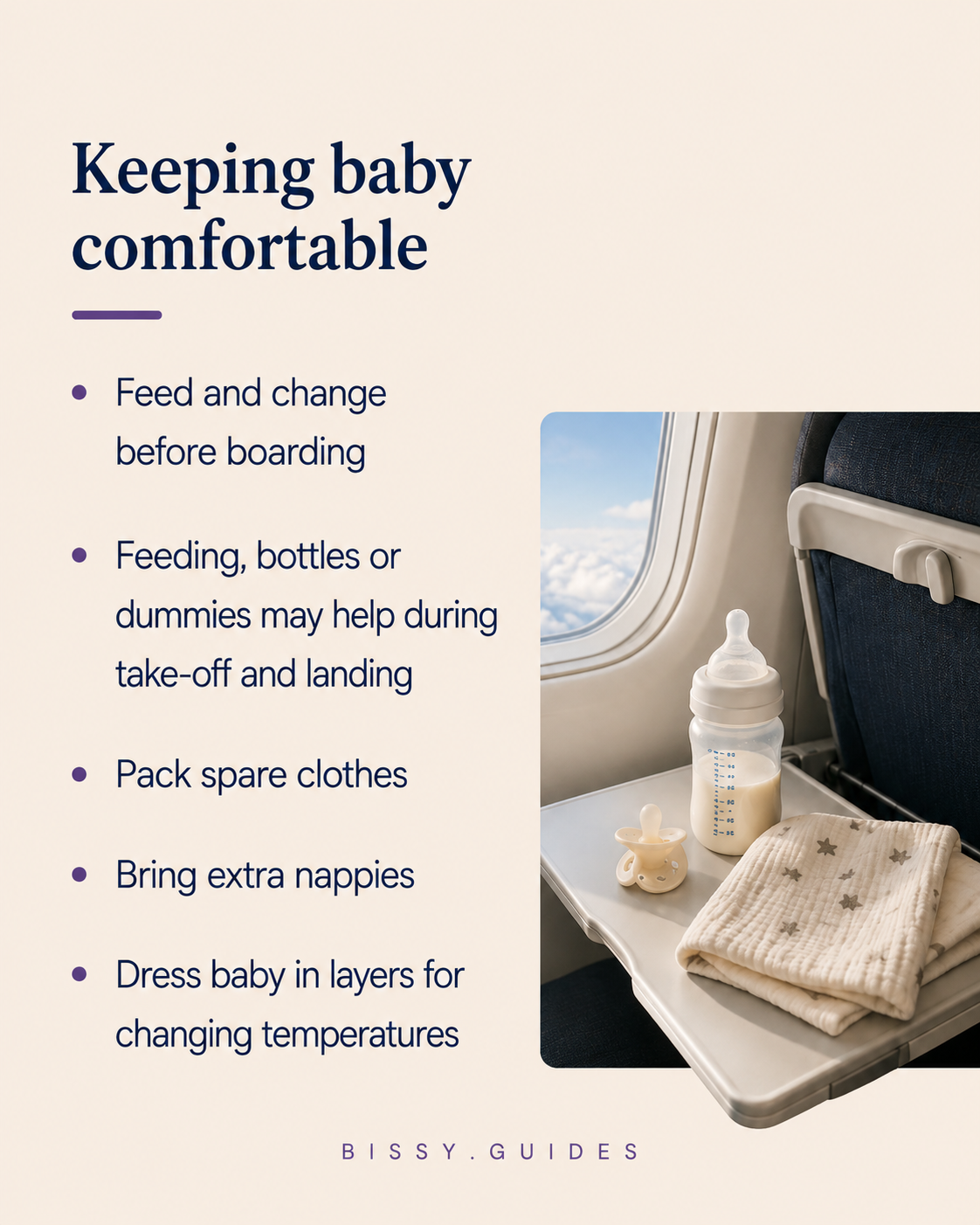 Airplane tray table with baby feeding items and comfort essentials during a flight.