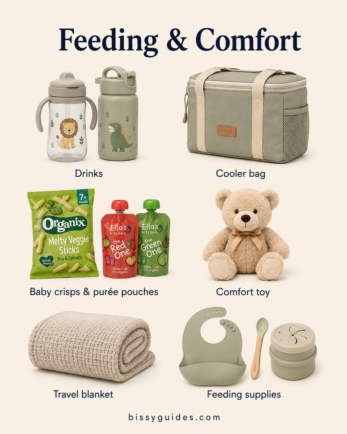 Illustration showing long journey feeding and comfort essentials including drinks, cooler bag, baby snacks, comfort toy, travel blanket and feeding supplies.