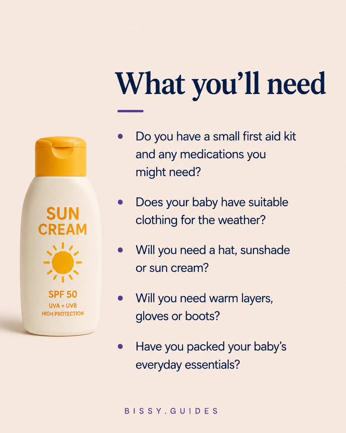 Sun cream bottle representing baby travel essentials and holiday packing.