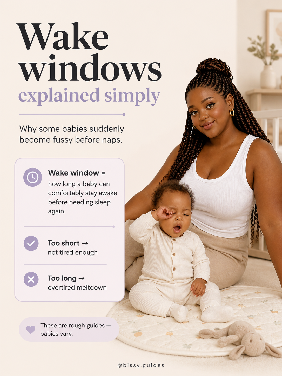 Minimal cream and lilac parenting guide explaining baby wake windows with illustrated AI mum beside tired baby in nursery