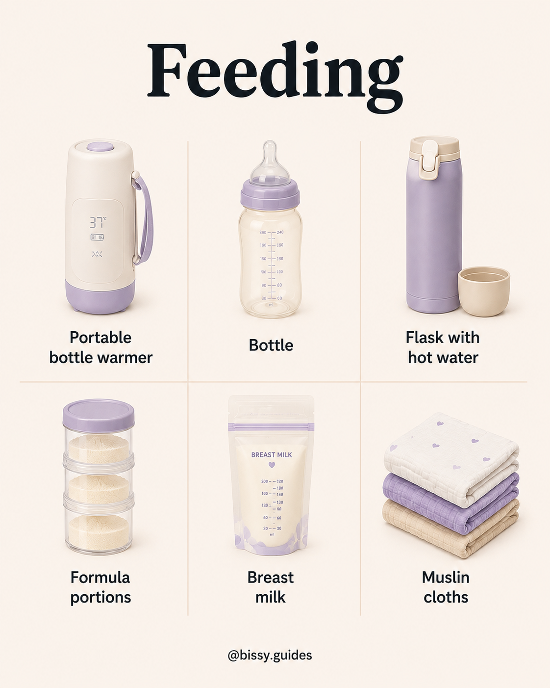 Minimal illustrated feeding essentials layout showing portable bottle warmer, bottle, flask, formula portions, breast milk storage, and muslin cloths.