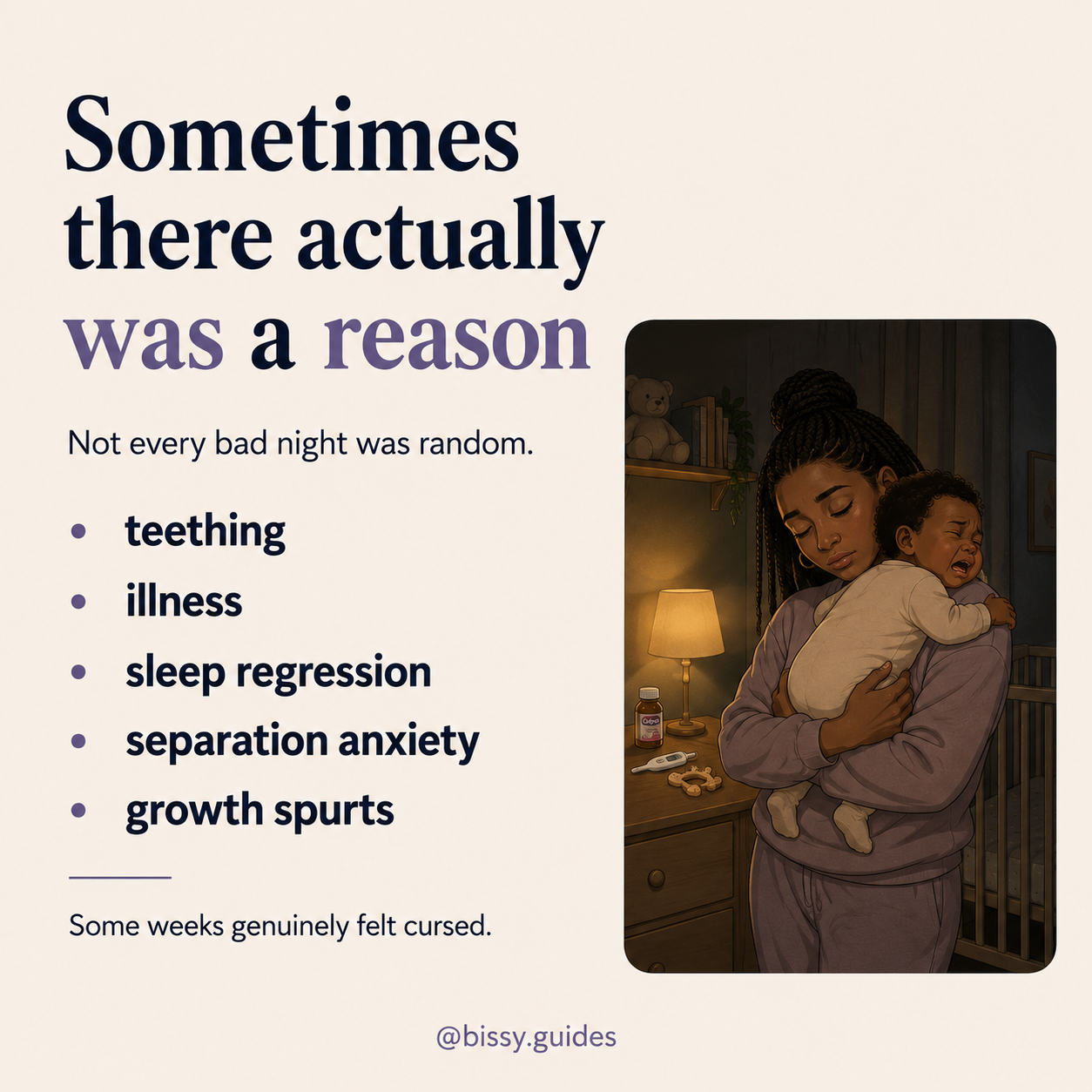 Illustrated mother holding upset baby at night beside list of sleep disruption causes like teething and illness.