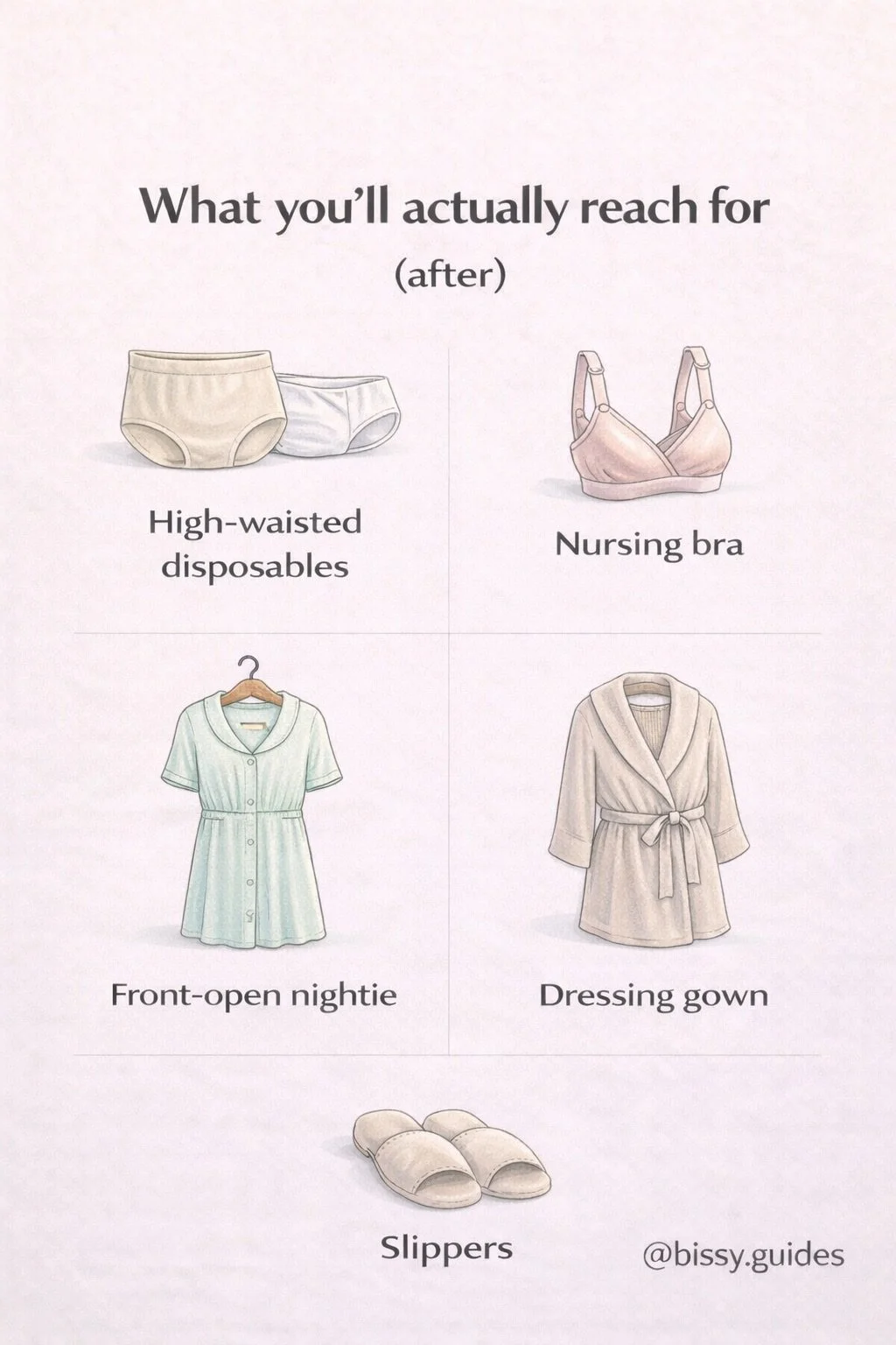 Postpartum hospital bag essentials including front-opening nightwear, disposable underwear, toiletries and recovery basics