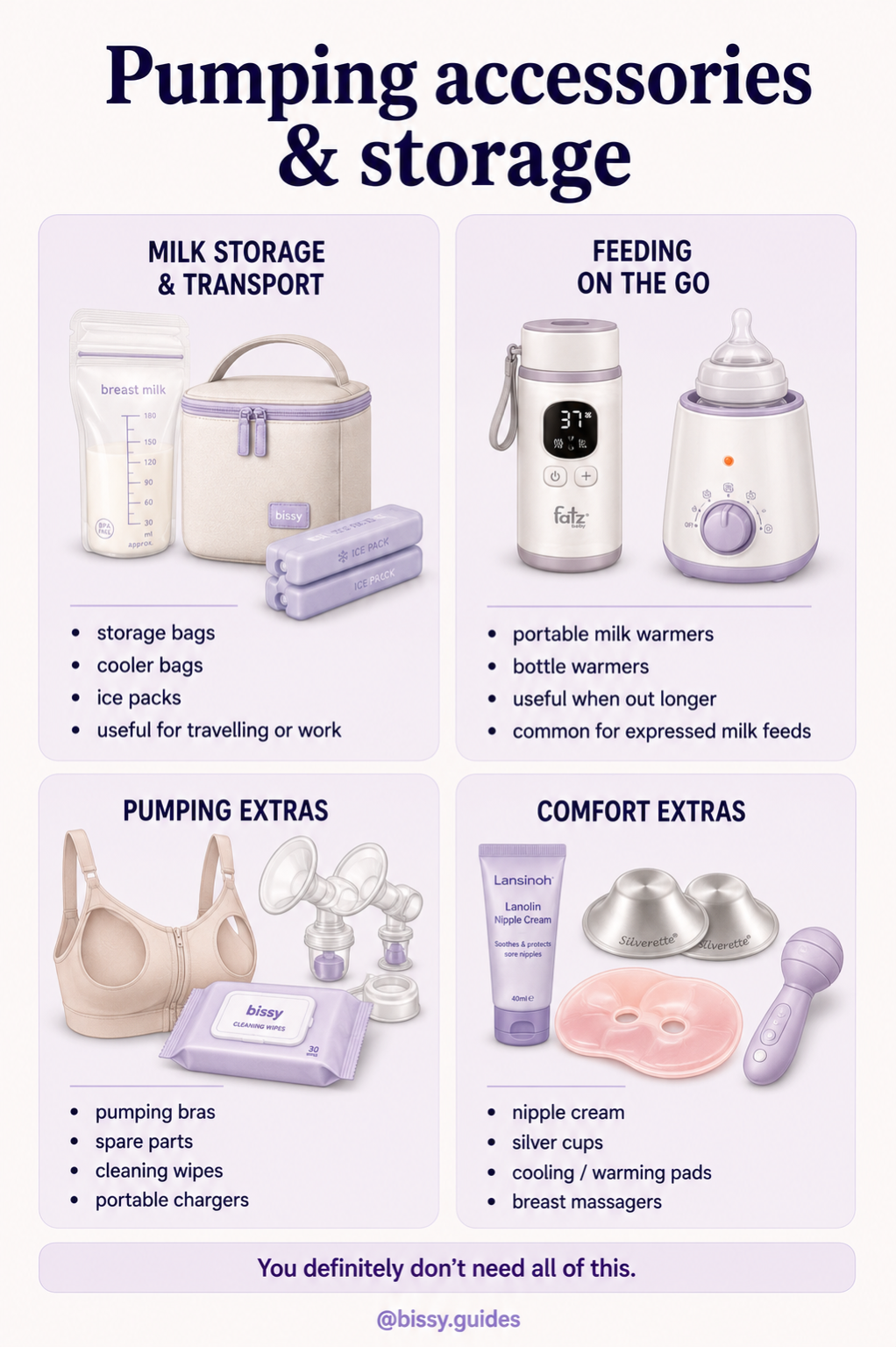 Illustrated guide showing pumping accessories including milk storage bags, cooler bags, bottle warmers, pumping bras and nipple care products.