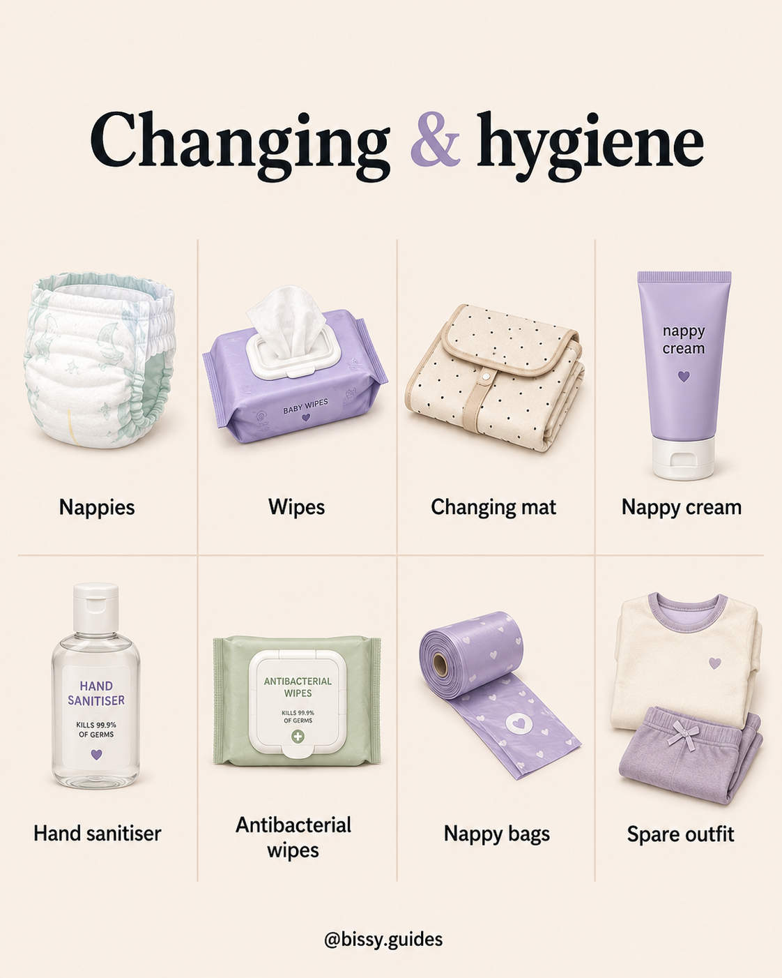 Illustrated changing and hygiene checklist showing nappies, wipes, changing mat, hand sanitiser, antibacterial wipes, nappy bags, nappy cream, and spare outfit.