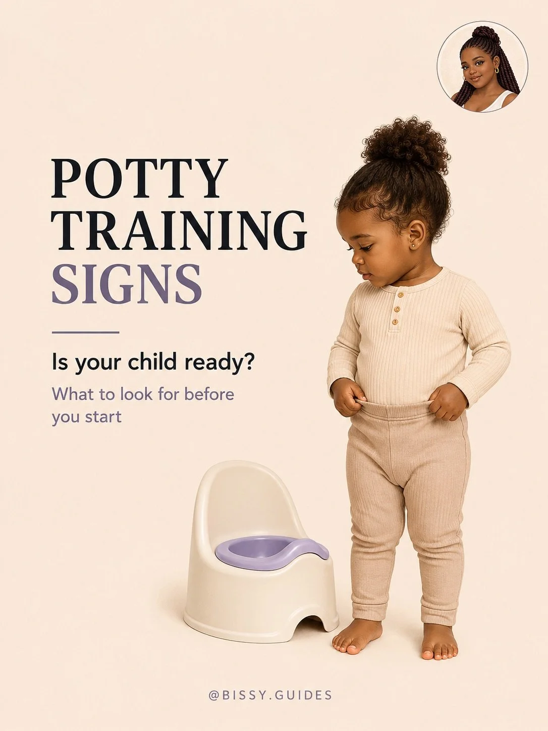 Toddler standing beside a potty with the title Potty Training Signs.