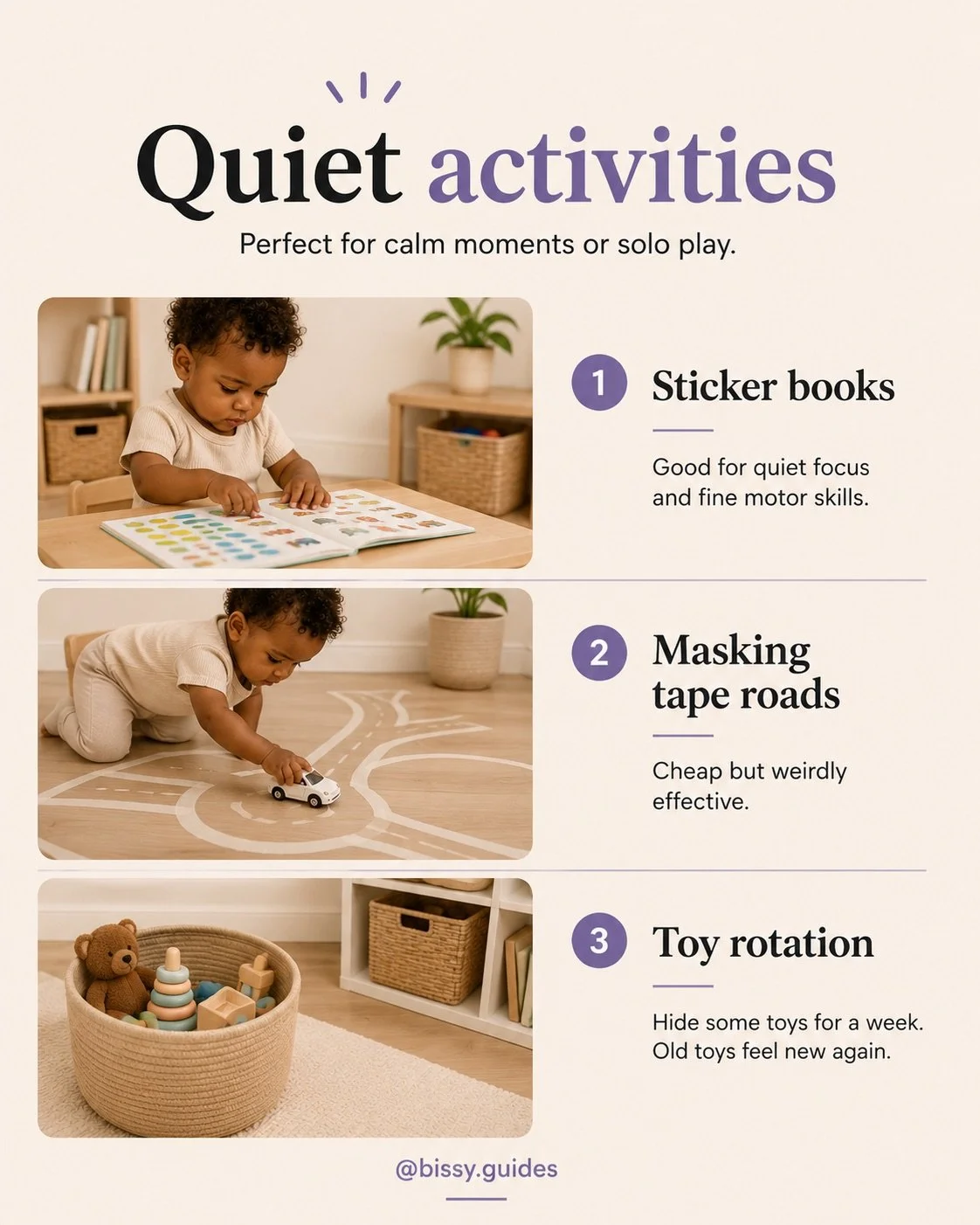 Toddler doing quiet indoor activities including sticker books, masking tape roads and toy rotation ideas in a warm neutral playroom.