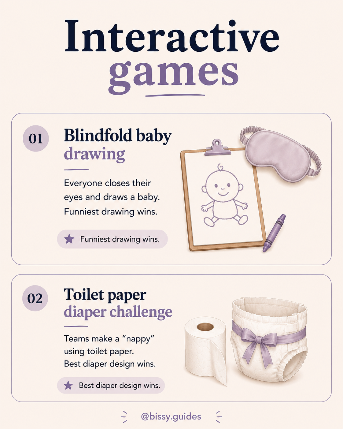 Baby shower games infographic showing blindfold baby drawing game and toilet paper diaper challenge with cream and lilac design.