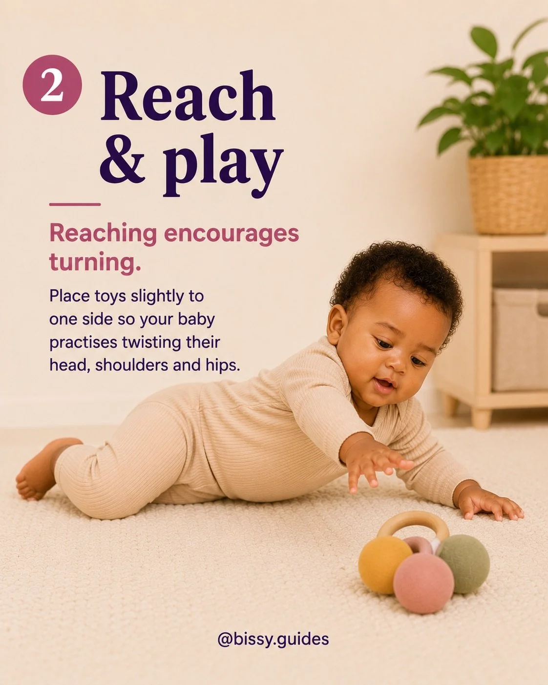 Baby reaching towards a toy to encourage turning and rotation.