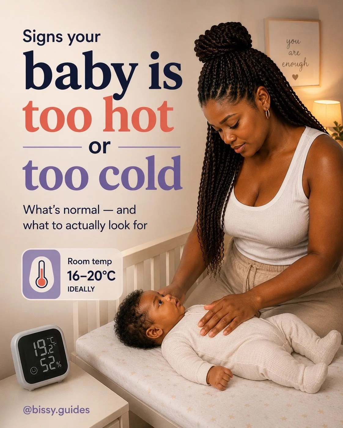 Mother checking baby in cot at bedtime beside room thermometer, with text reading “Signs your baby is too hot or too cold.