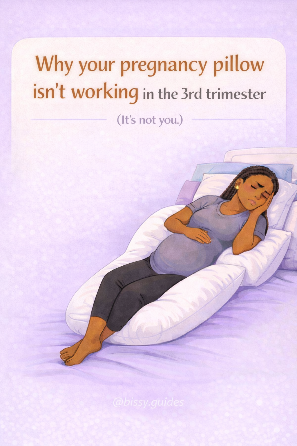 Pregnant woman lying awake in bed struggling to get comfortable with a pregnancy pillow during the third trimester.