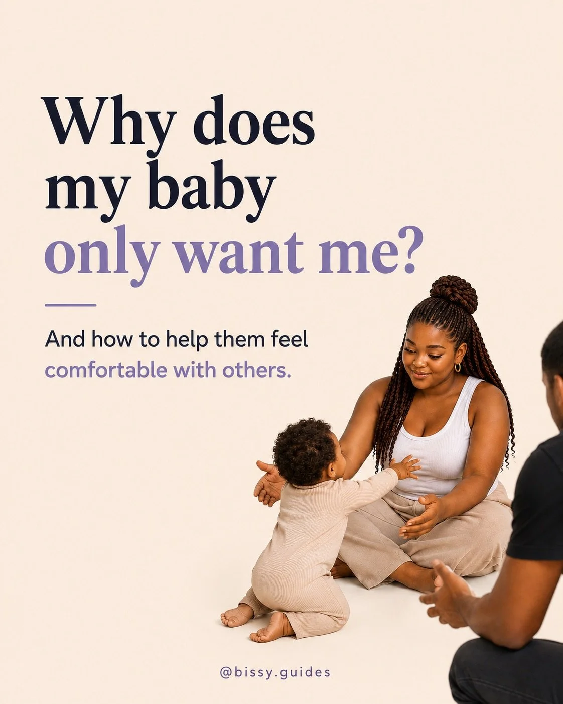 Parent sitting with baby reaching towards them while another caregiver sits nearby.