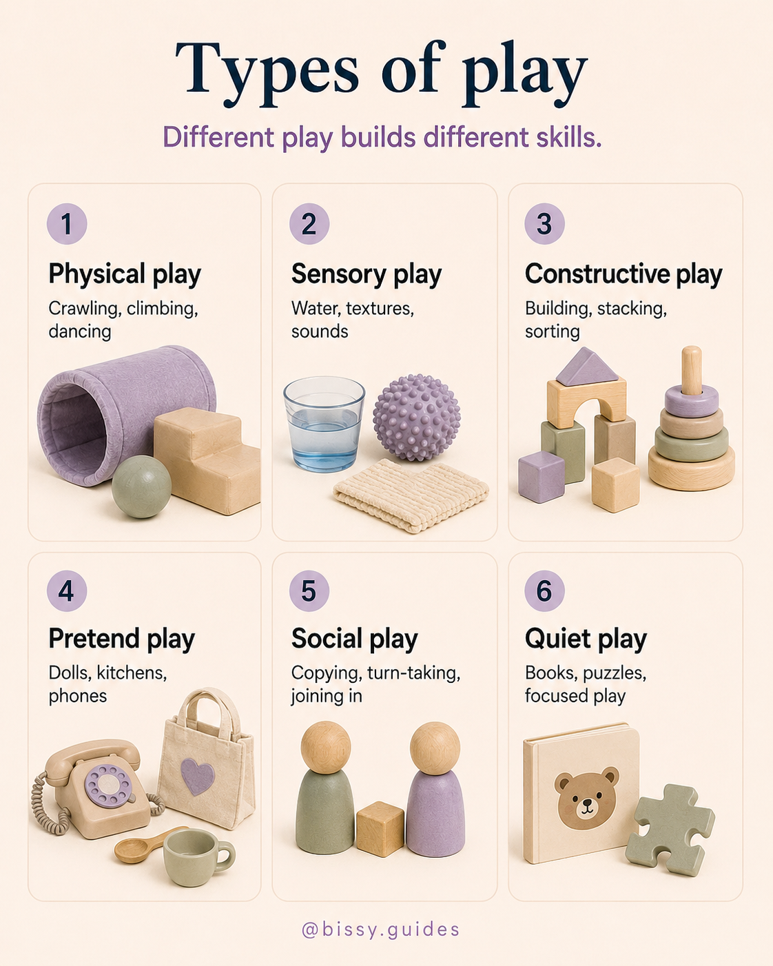 Simple toy cards showing different types of play, including physical, sensory, constructive, pretend, social and quiet play.