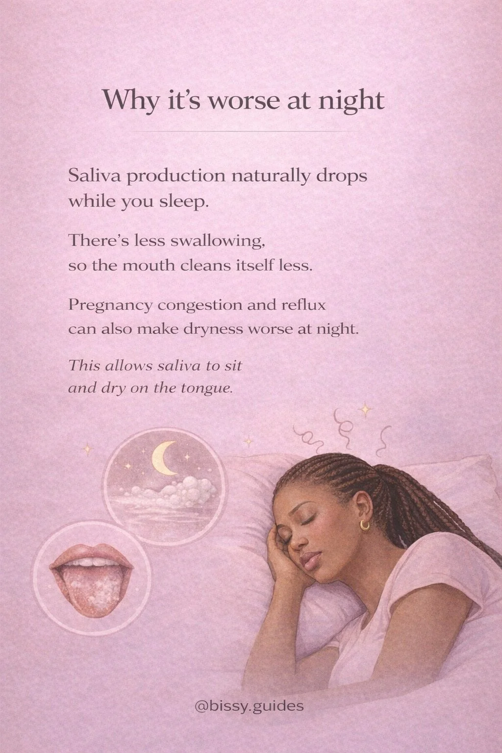 Pregnant woman sleeping with information explaining why thick saliva often feels worse at night.