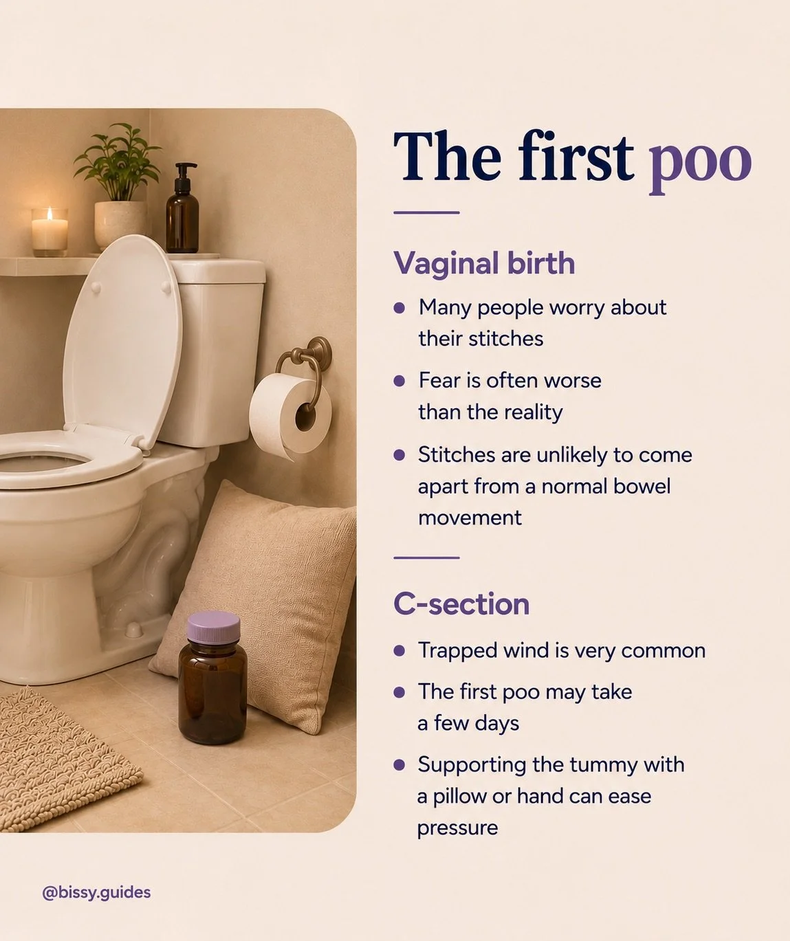 Guide explaining the first poo after birth and common concerns about stitches and trapped wind.