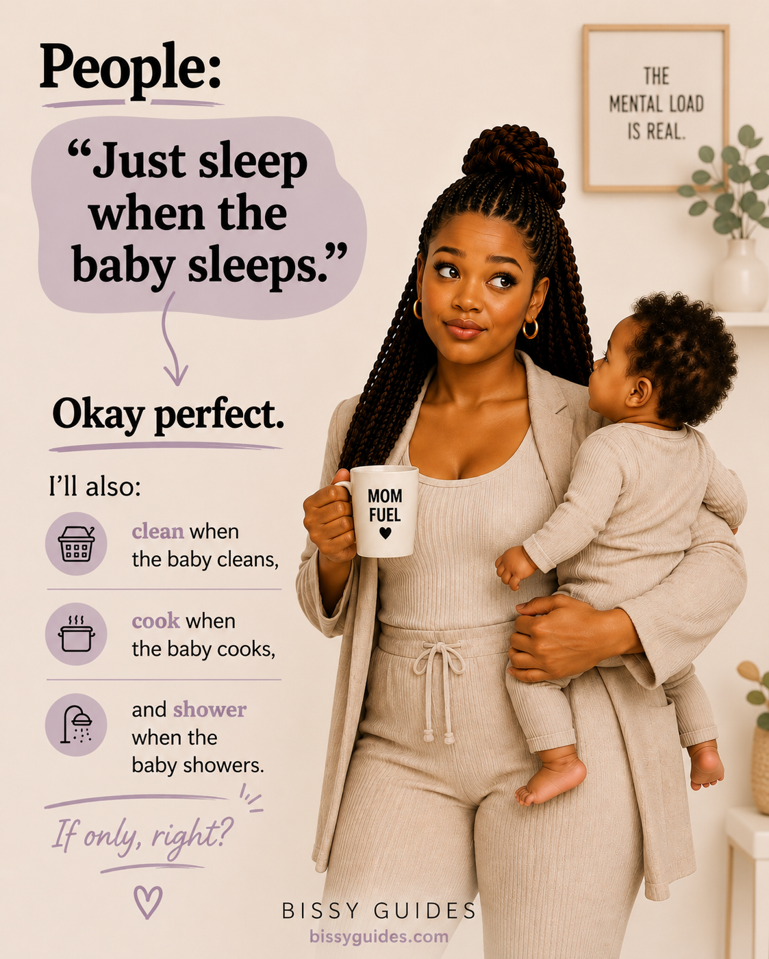 Mum holding a baby beside text joking about the phrase “sleep when the baby sleeps” and the unrealistic expectations placed on parents
