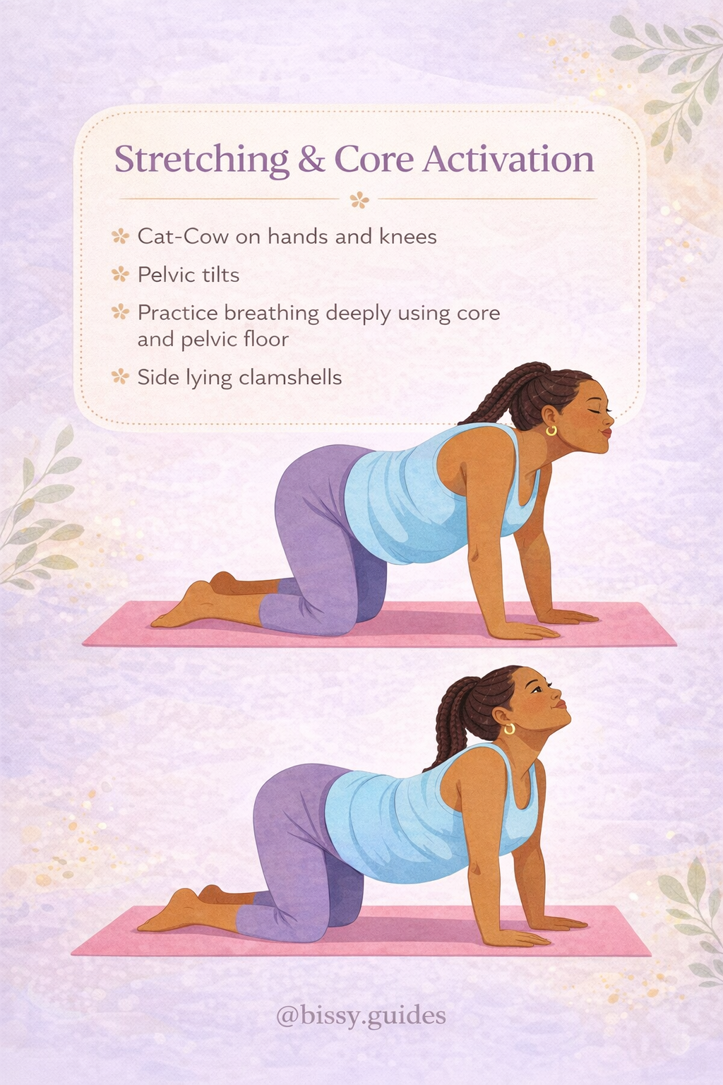 Pregnant woman doing pelvic tilts and cat-cow stretches for pelvic pain relief.