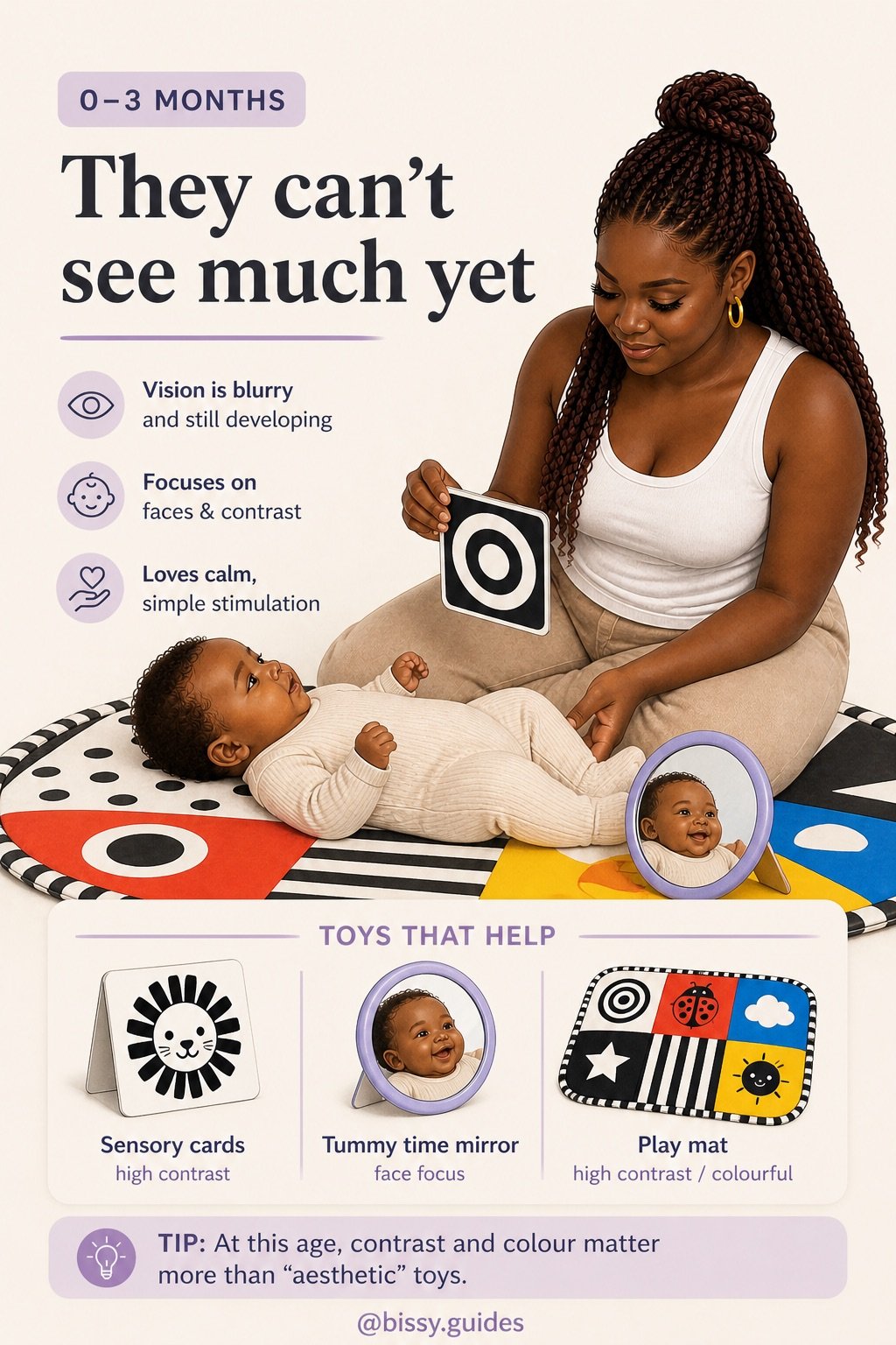 Newborn on colourful high-contrast tummy time mat