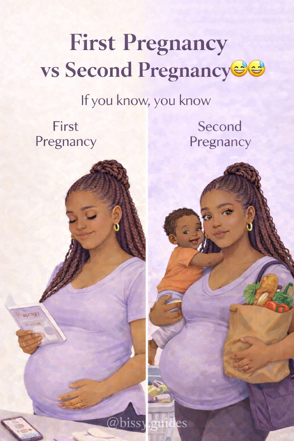 pregnant mum comparing first pregnancy and second pregnancy experiences side by side with illustration.