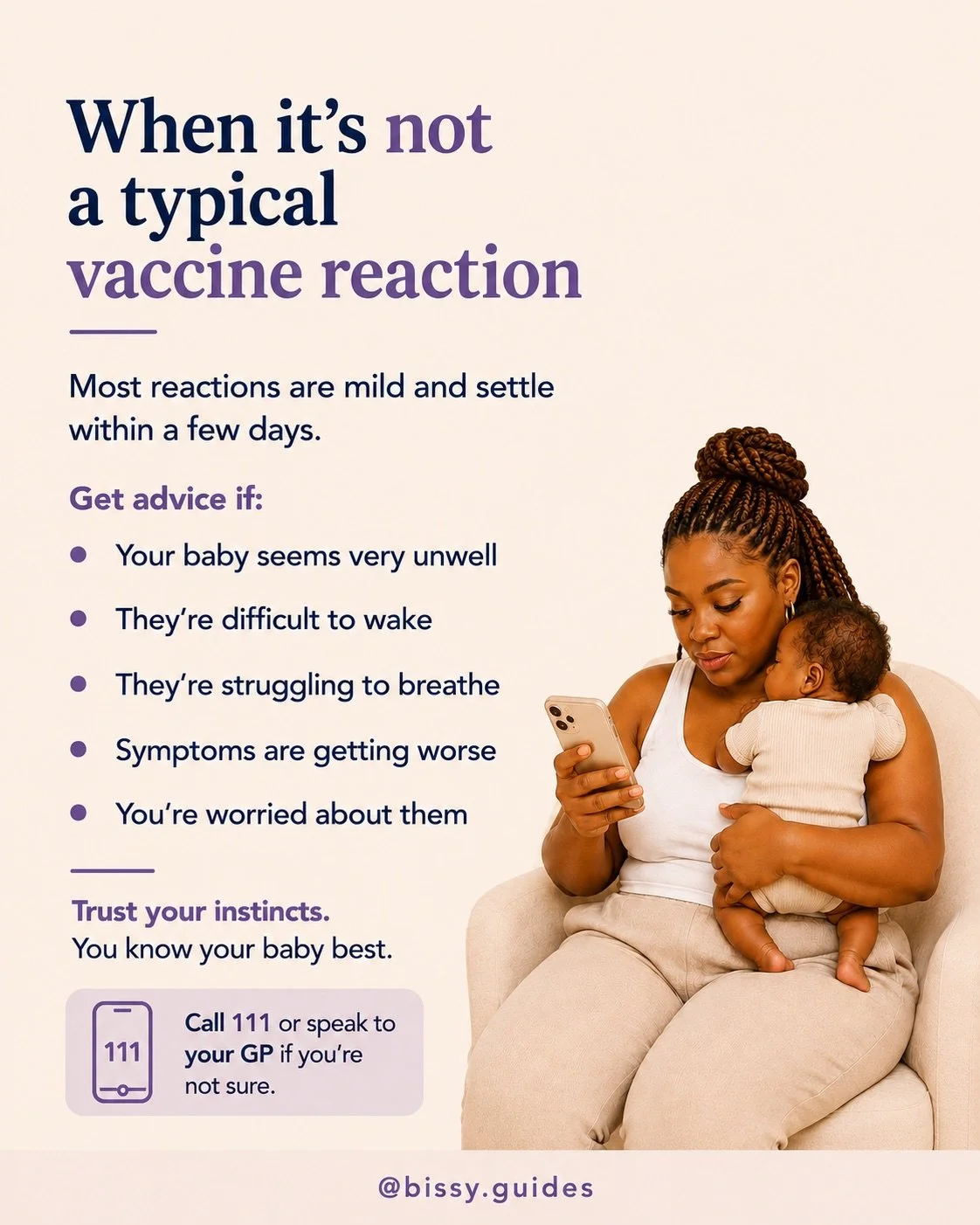 Mother holding baby while checking advice on her phone with information about when a reaction is not a typical vaccine response.