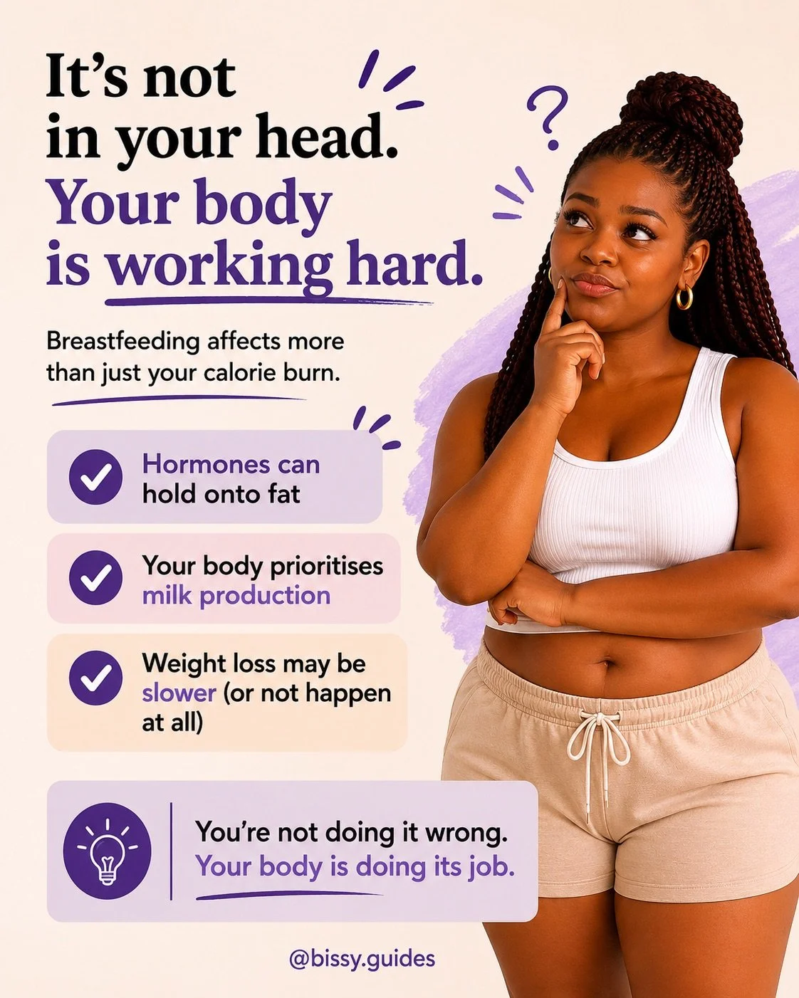 Illustration of a mother with a thoughtful expression beside text explaining how breastfeeding affects more than calorie burn.