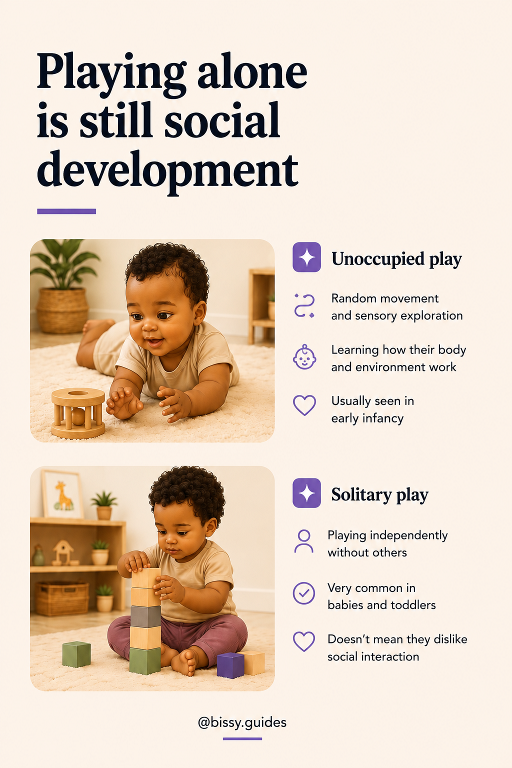 Toddler social development guide showing independent play and solitary play examples.