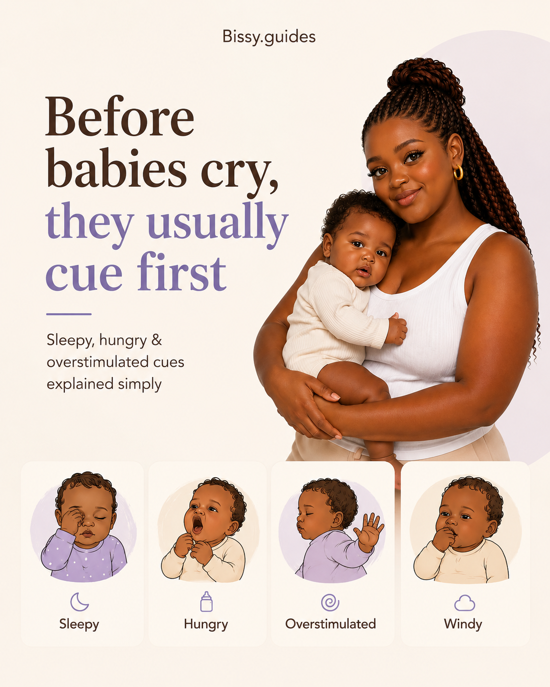 Minimal cream-toned parenting guide cover reading “Before babies cry, they usually cue first” with illustrated previews of sleepy, hungry and overstimulated baby cues alongside a mother holding a baby.
