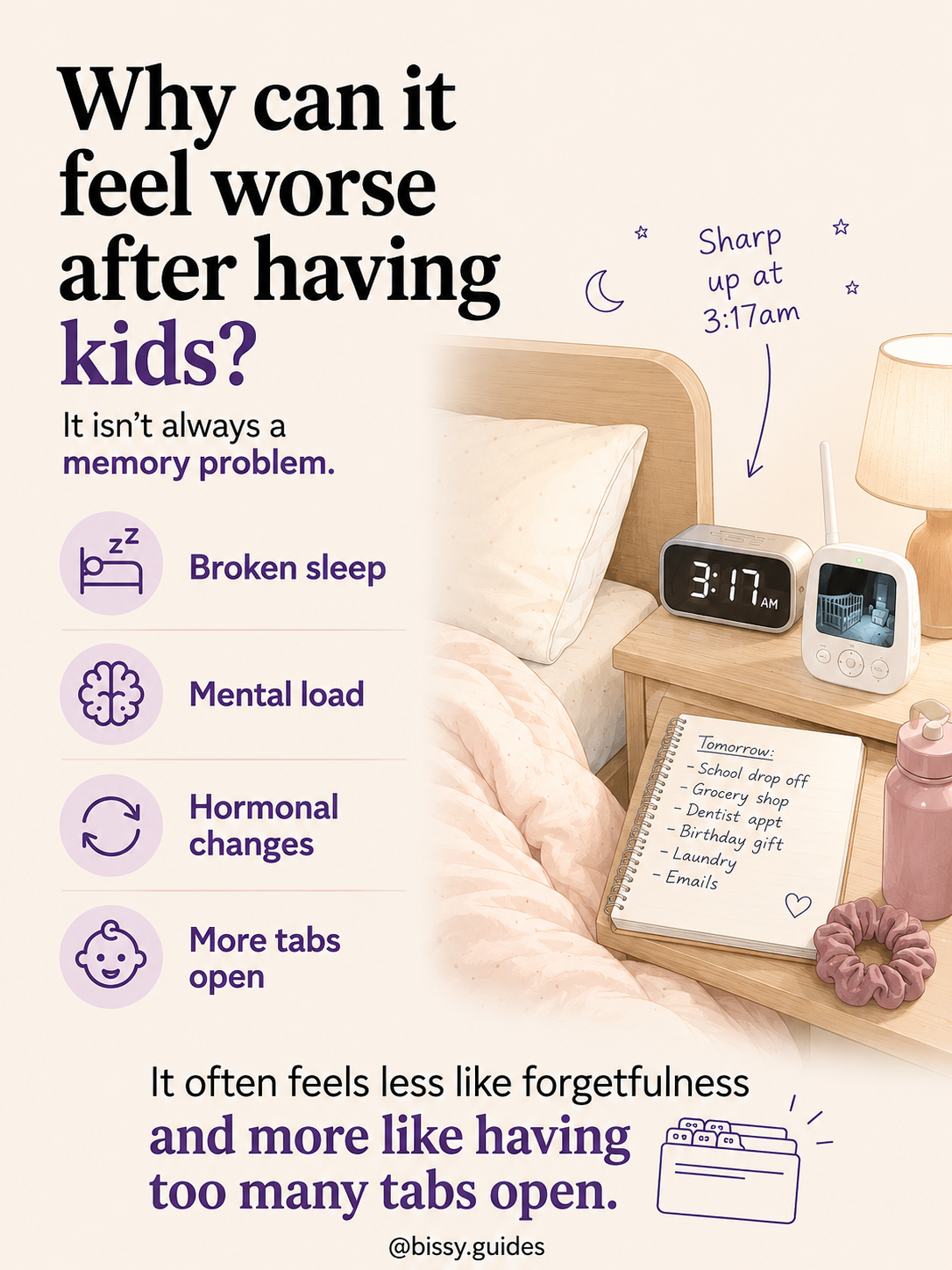 Illustration showing factors linked to baby brain including broken sleep, mental load, hormonal changes and parenting responsibilities