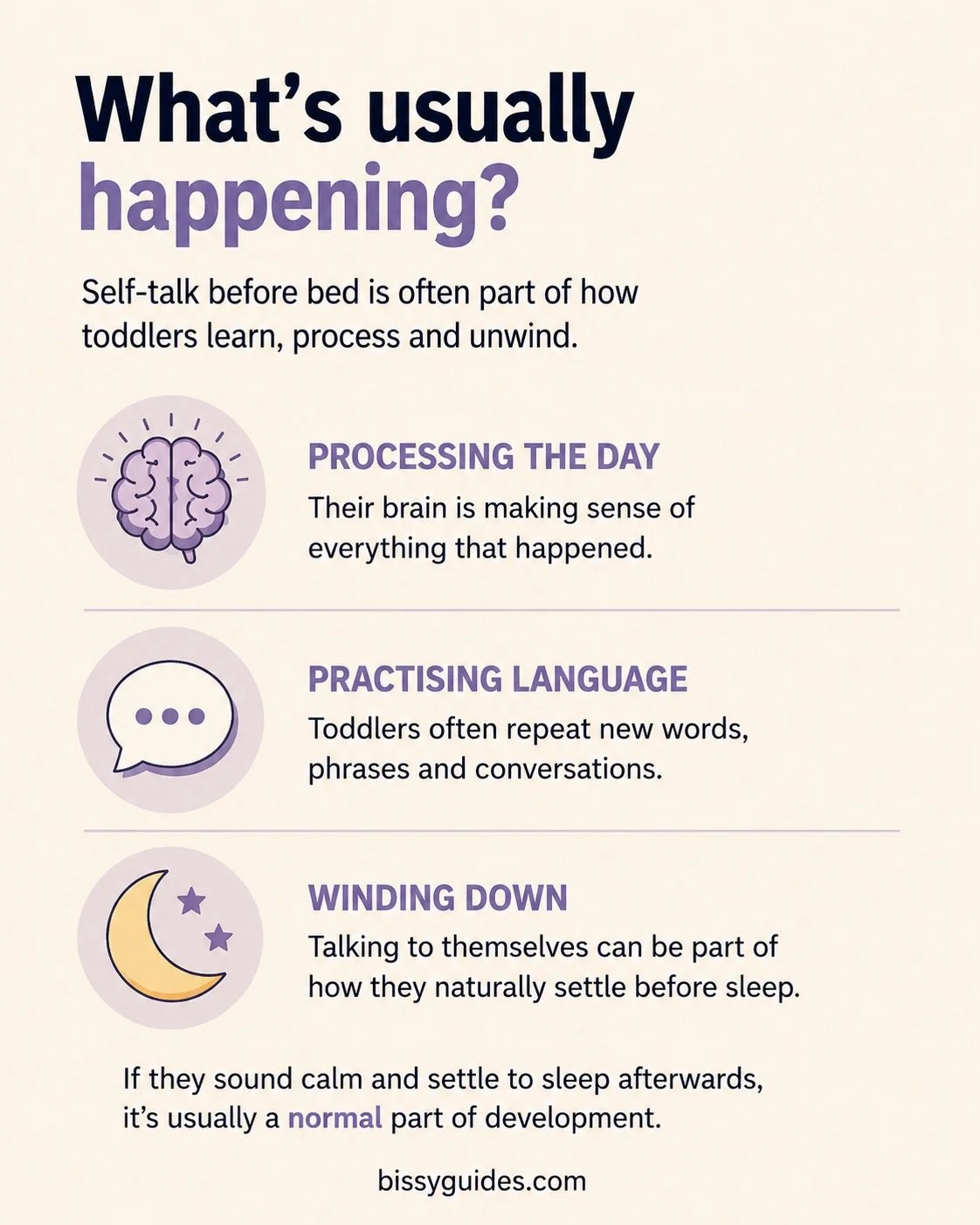 Icons explaining why toddlers talk to themselves before bed, including processing the day, practising language and winding down before sleep.