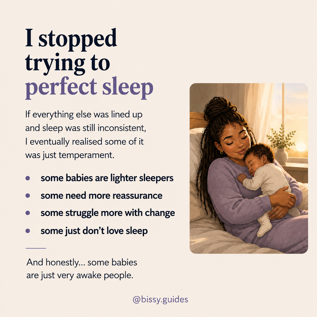 Warm illustrated sunrise bedroom scene showing mother cuddling sleeping baby beside text about baby temperament and sleep.