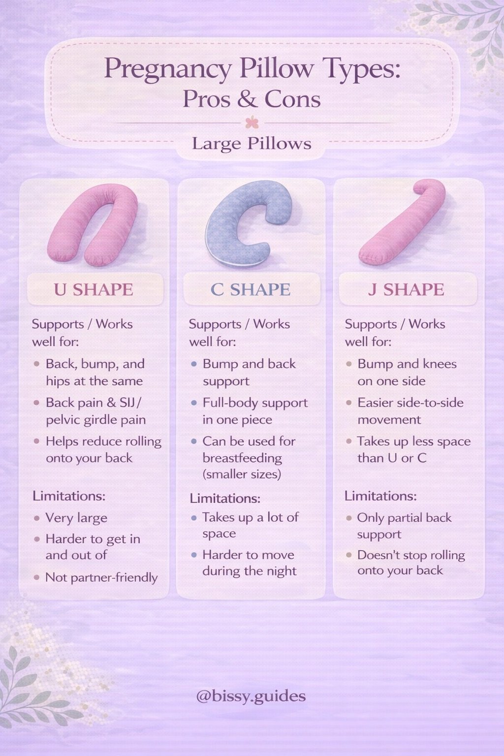 Large pregnancy pillow types including U shape C shape and J shape with pros and cons