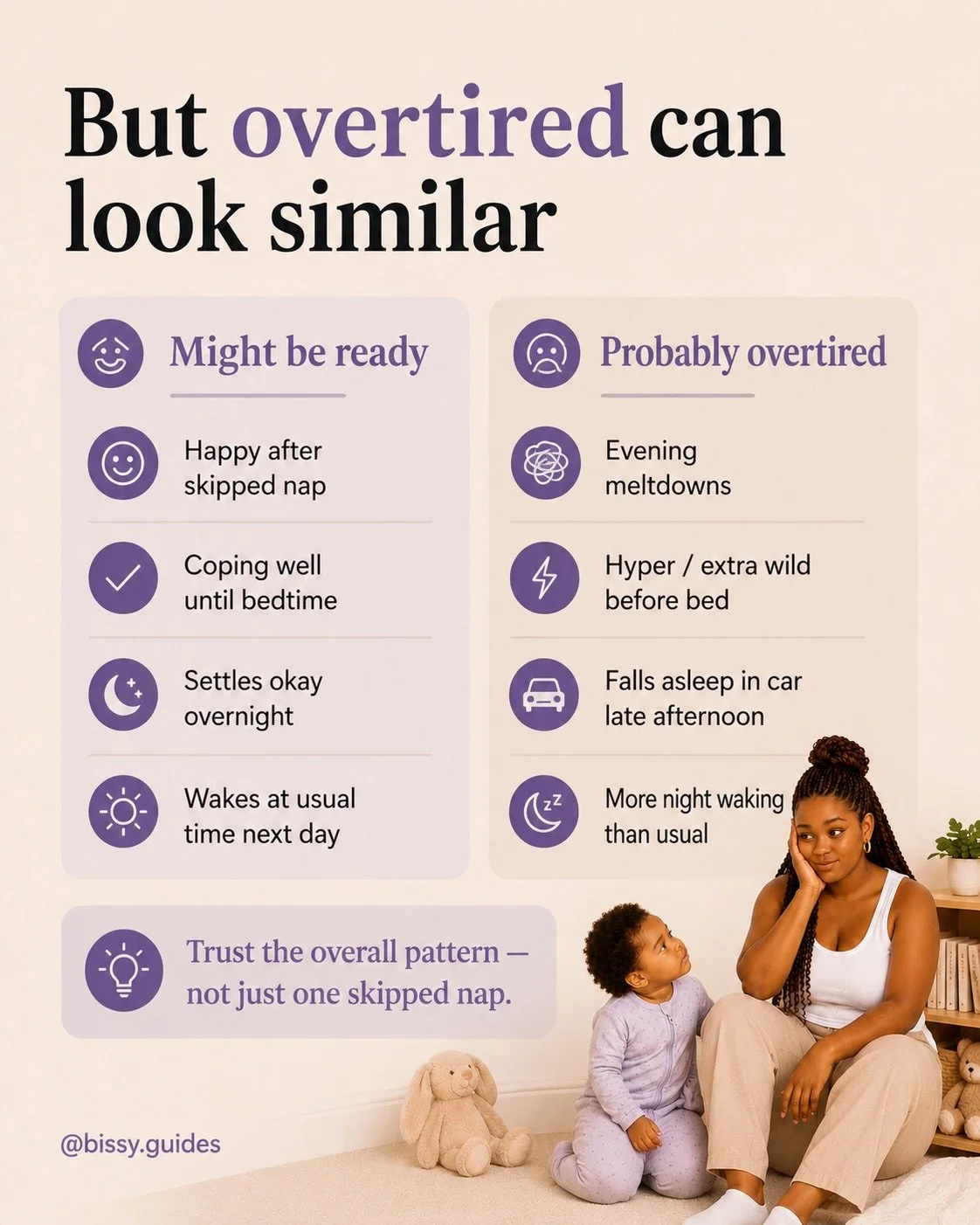 Comparison chart showing signs of nap readiness versus signs of overtiredness with parent and toddler in a calm nursery setting.